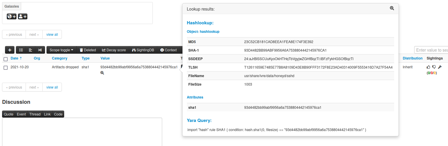 Result of a hash query with the results from Hashlookup.