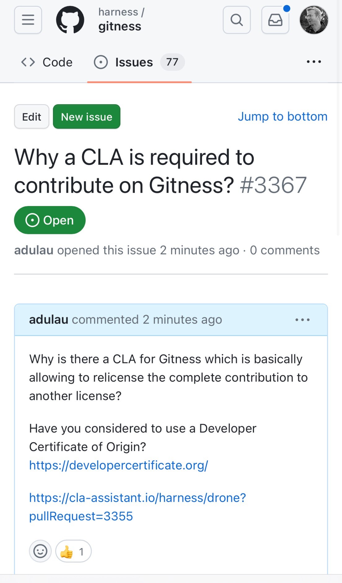 Issue about the CLA of Gitness