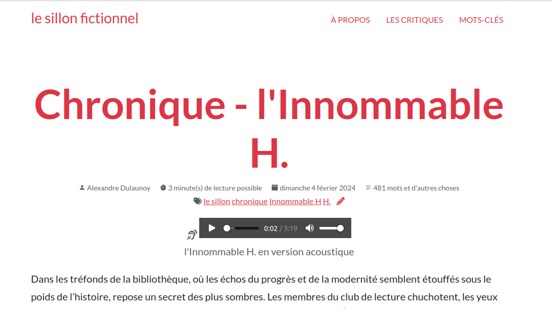 Chronique textuelle et sonore sur le sillon fictionnel. 