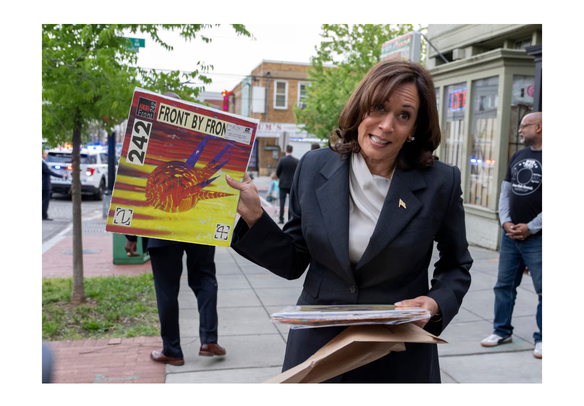 Kamala Harris holding a FRONT242 vinyl.