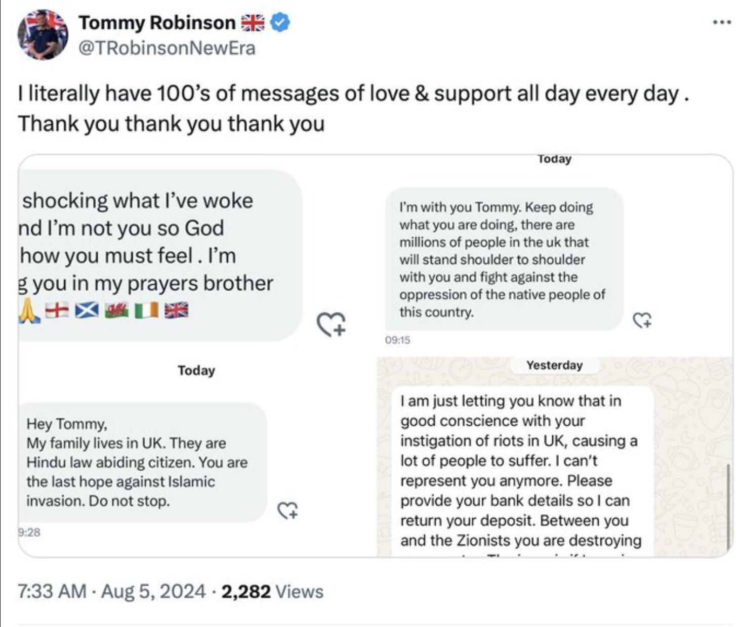 Post by Tommy Robinson accidentally sharing a resignation message from his lawyer.